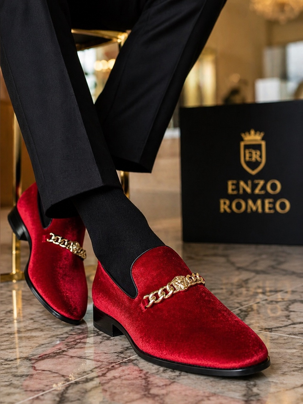 Men’s Red Velvet Loafers Gold Chain Tuxedo Shoes Prom Wedding 8.5